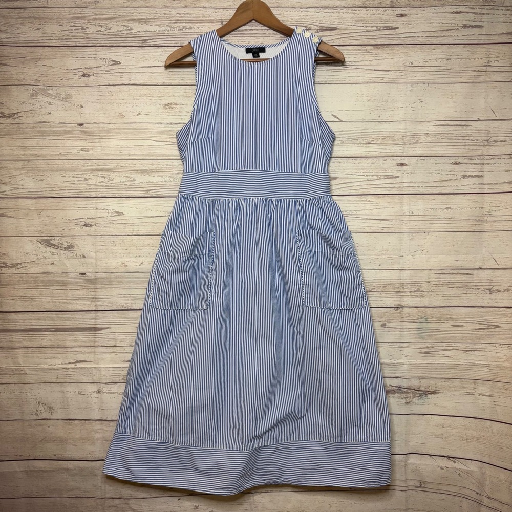 J.Crew Blue White Striped Cotton Midi Dress Crossover Back Pockets Size 10